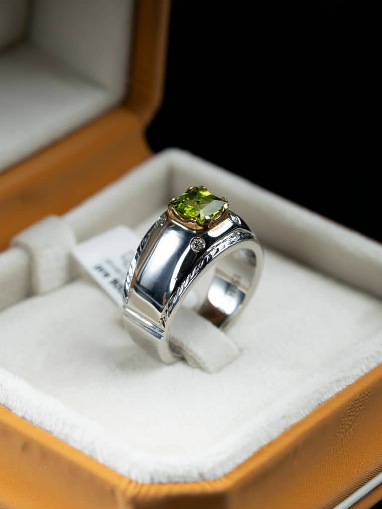 خاتم فضة صياغة يدوية مرصع الماس مع حجر الزبرجد - alternate view