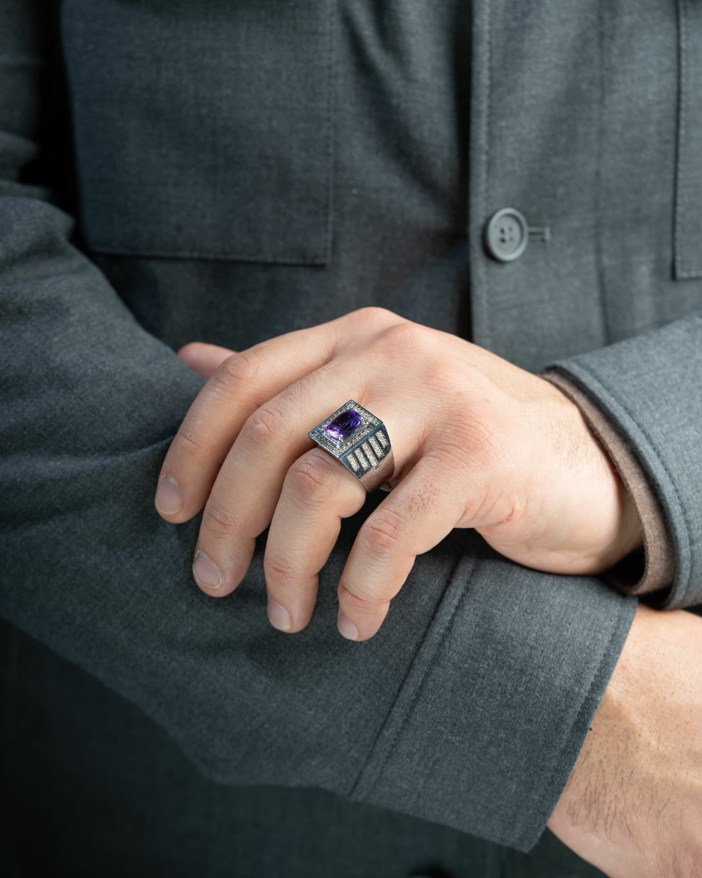 خاتم رجالي بحجر جمشت مع ترصيع الماس - تشكيلة الرجال, خواتم رجالية, جمشت