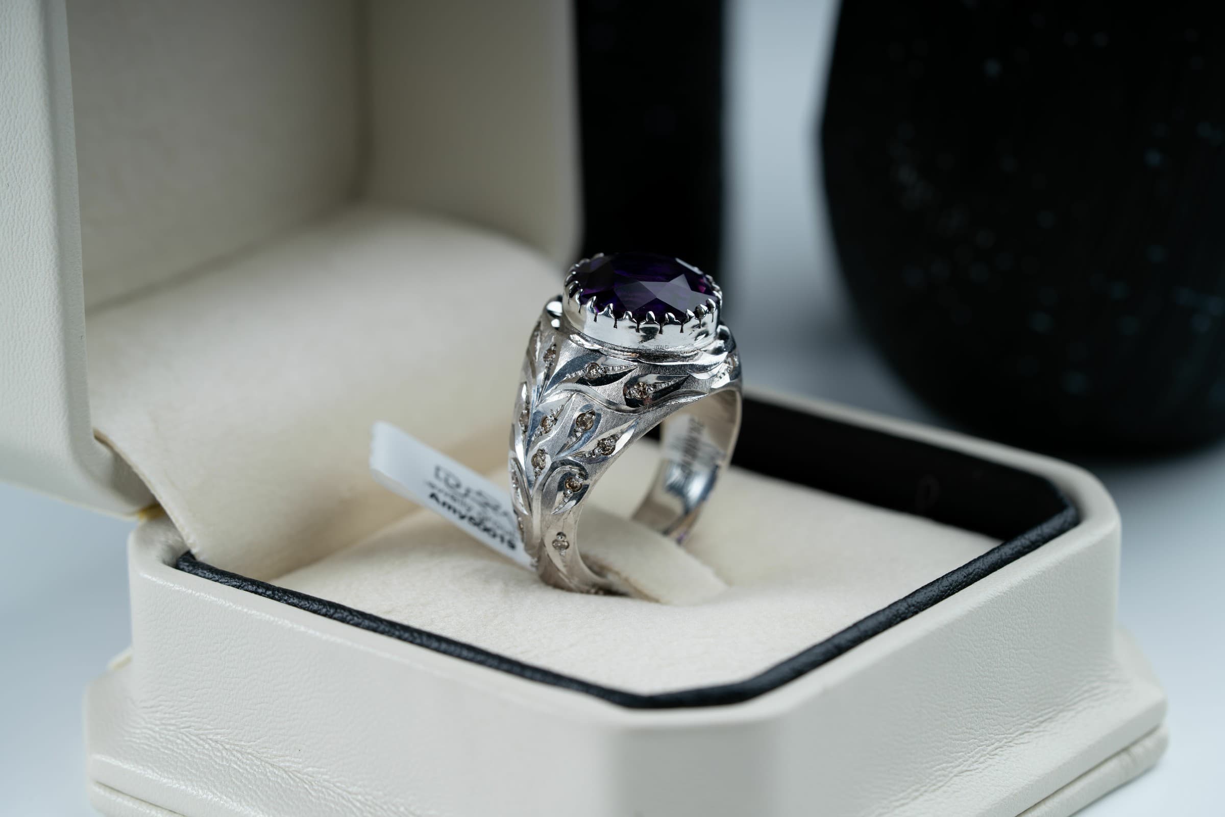 خاتم فضة بصياغة فاخرة جداً مع حجر الجمشت والالماس - تشكيلة الرجال, خواتم رجالية, جمشت