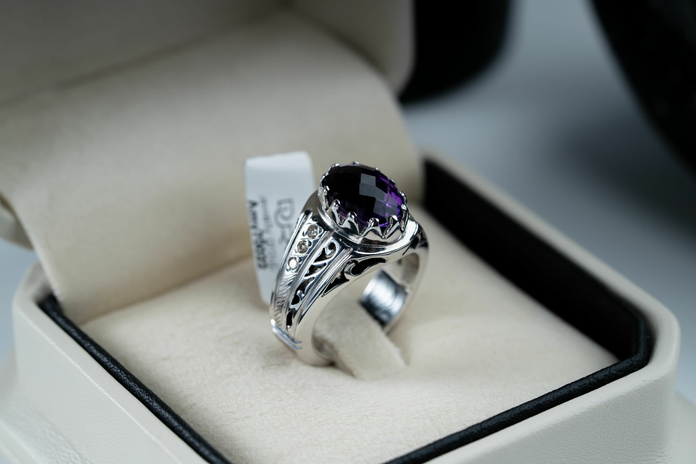 خاتم فضة نقش يدوي بالكامل مع ترصيع الماس وحجر الجمشت - تشكيلة الرجال, خواتم رجالية, جمشت