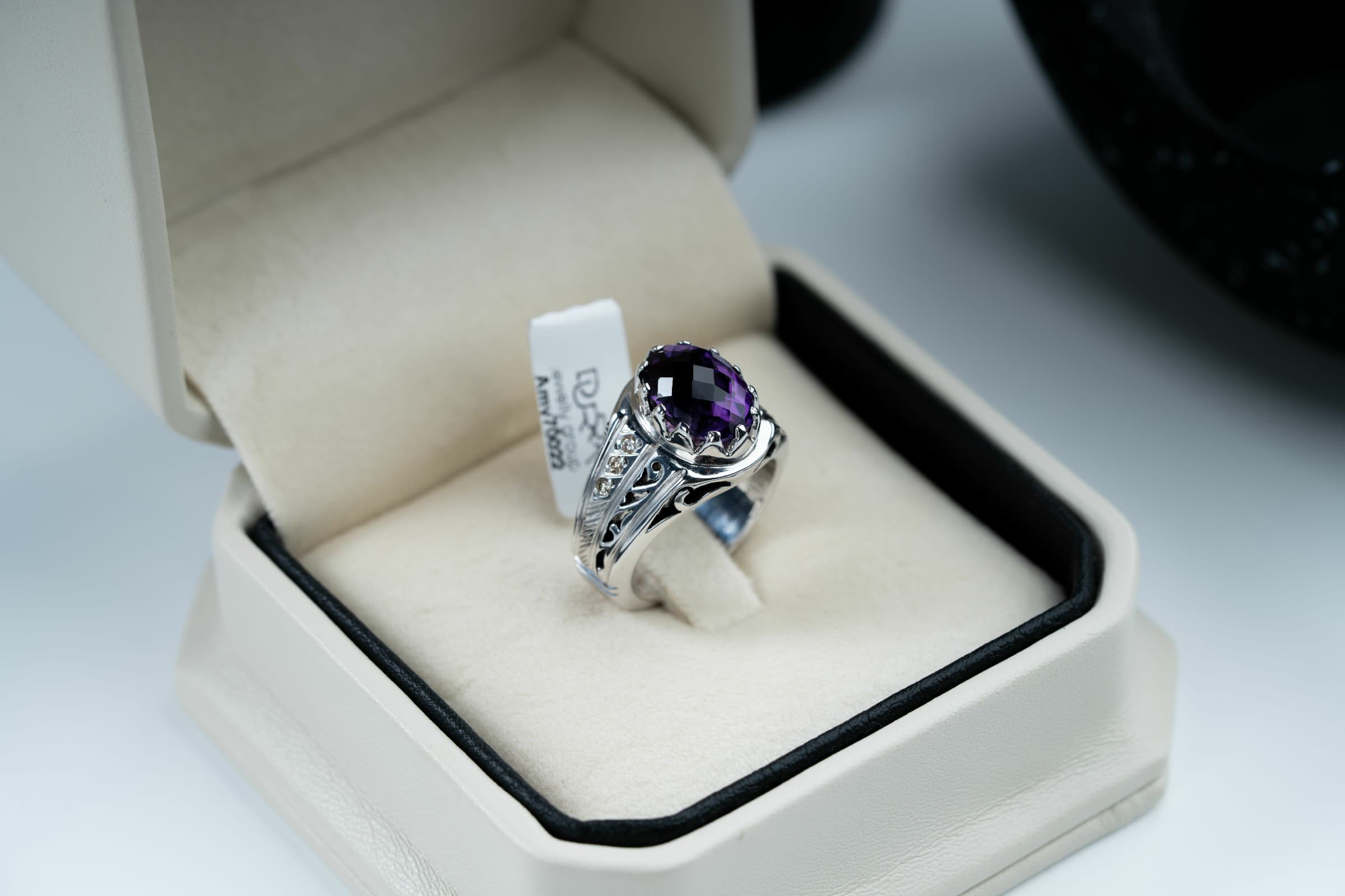 خاتم فضة نقش يدوي بالكامل مع ترصيع الماس وحجر الجمشت - تشكيلة الرجال, خواتم رجالية, جمشت