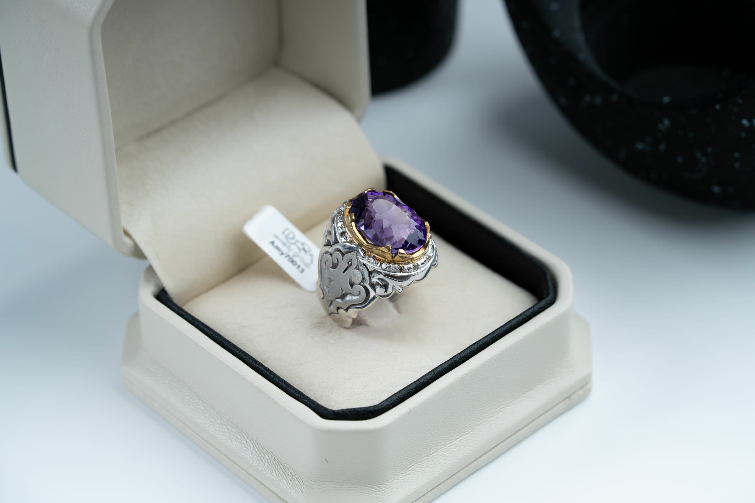 خاتم بنقش يدوي فاخر فضة مع حجر الجمشت وترصيع الالماس - تشكيلة الرجال, خواتم رجالية, جمشت