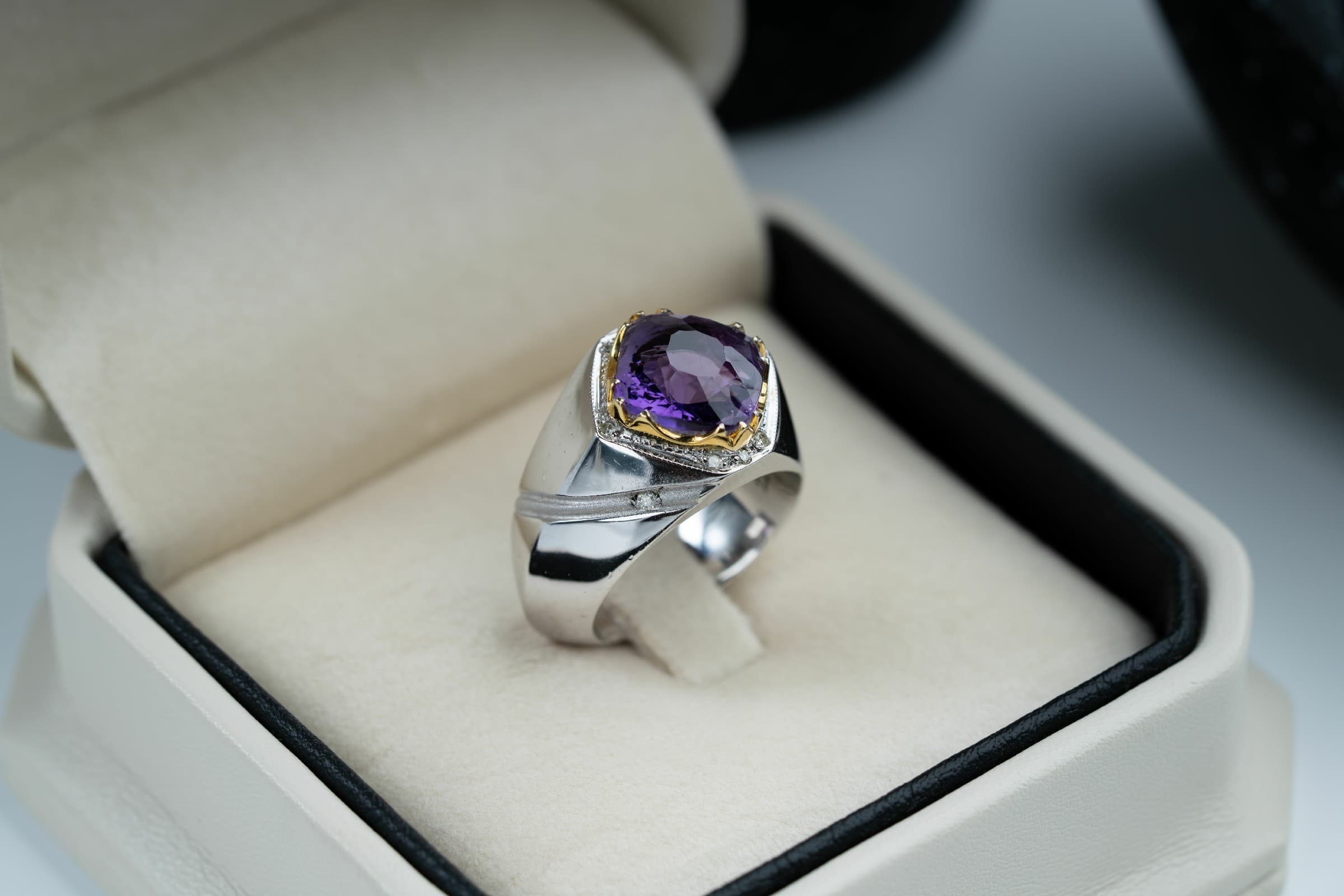 خاتم فضة صياغة يدوية بالكامل بحجر الجمشت المميز وترصيع الماس - تشكيلة الرجال, خواتم رجالية, جمشت