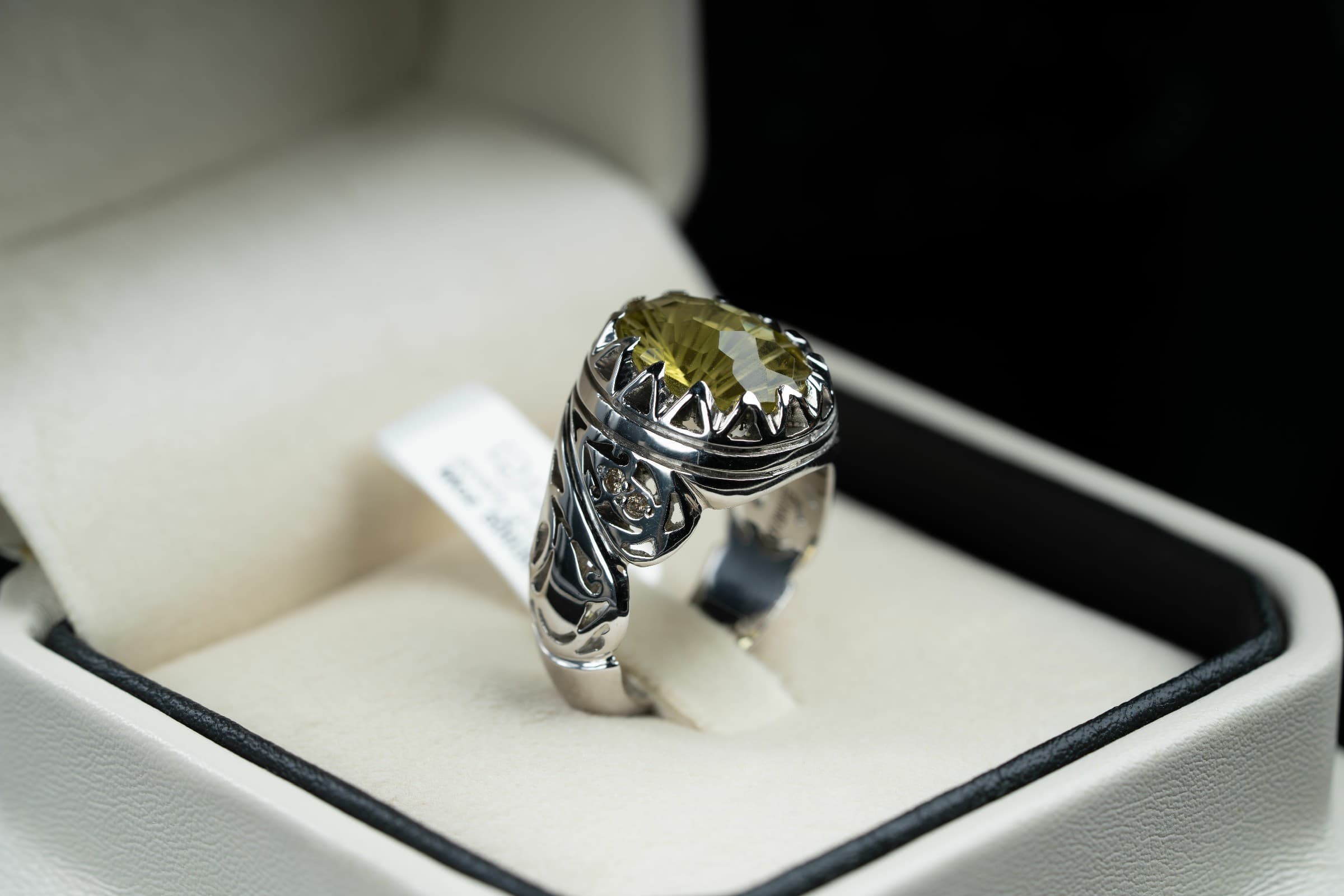 خاتم فضة صياغة يدوية بحجر الكوارتز الليموني مرصع بالالماس - تشكيلة الرجال, خواتم رجالية, سترين