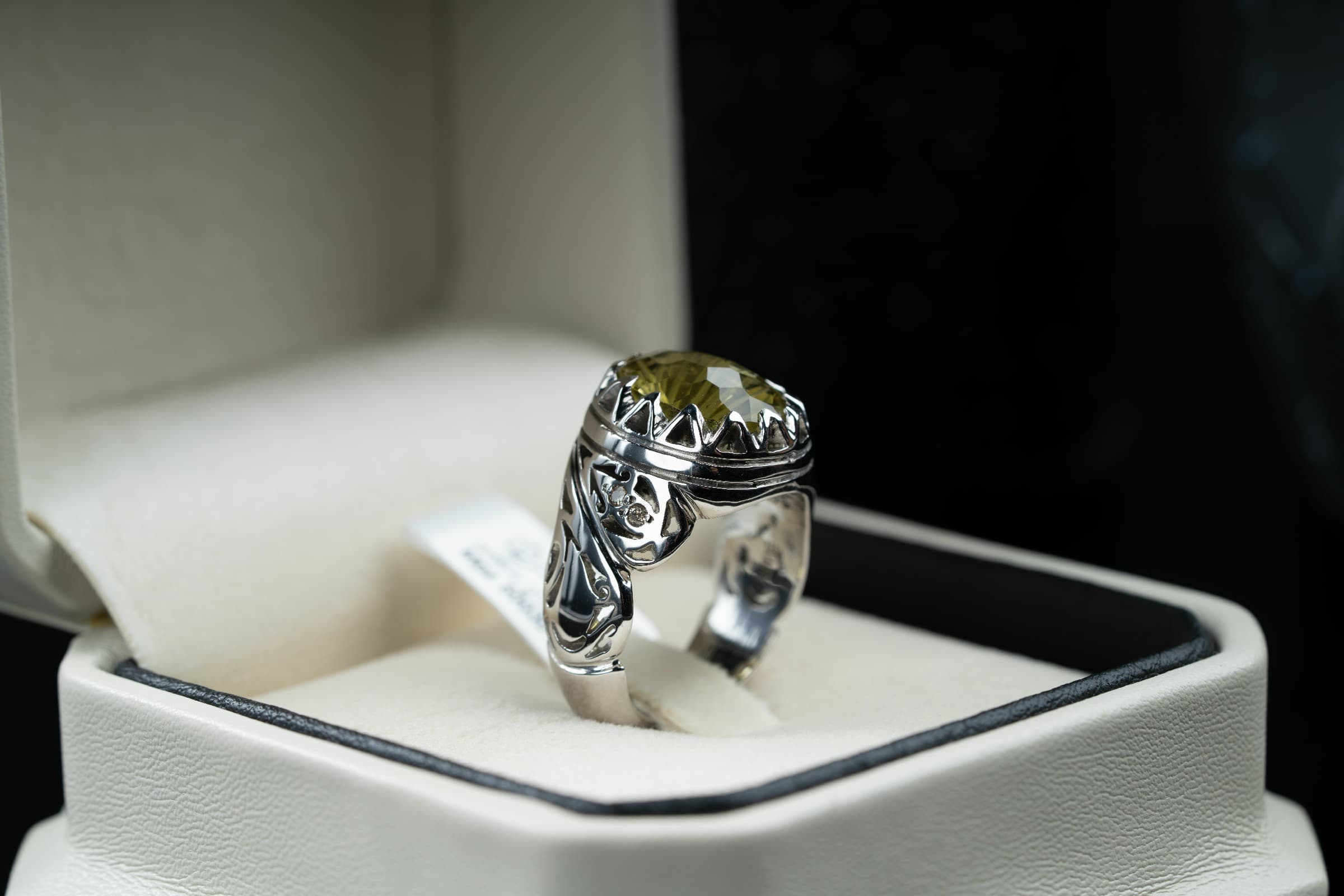 خاتم فضة صياغة يدوية بحجر الكوارتز الليموني مرصع بالالماس - تشكيلة الرجال, خواتم رجالية, سترين
