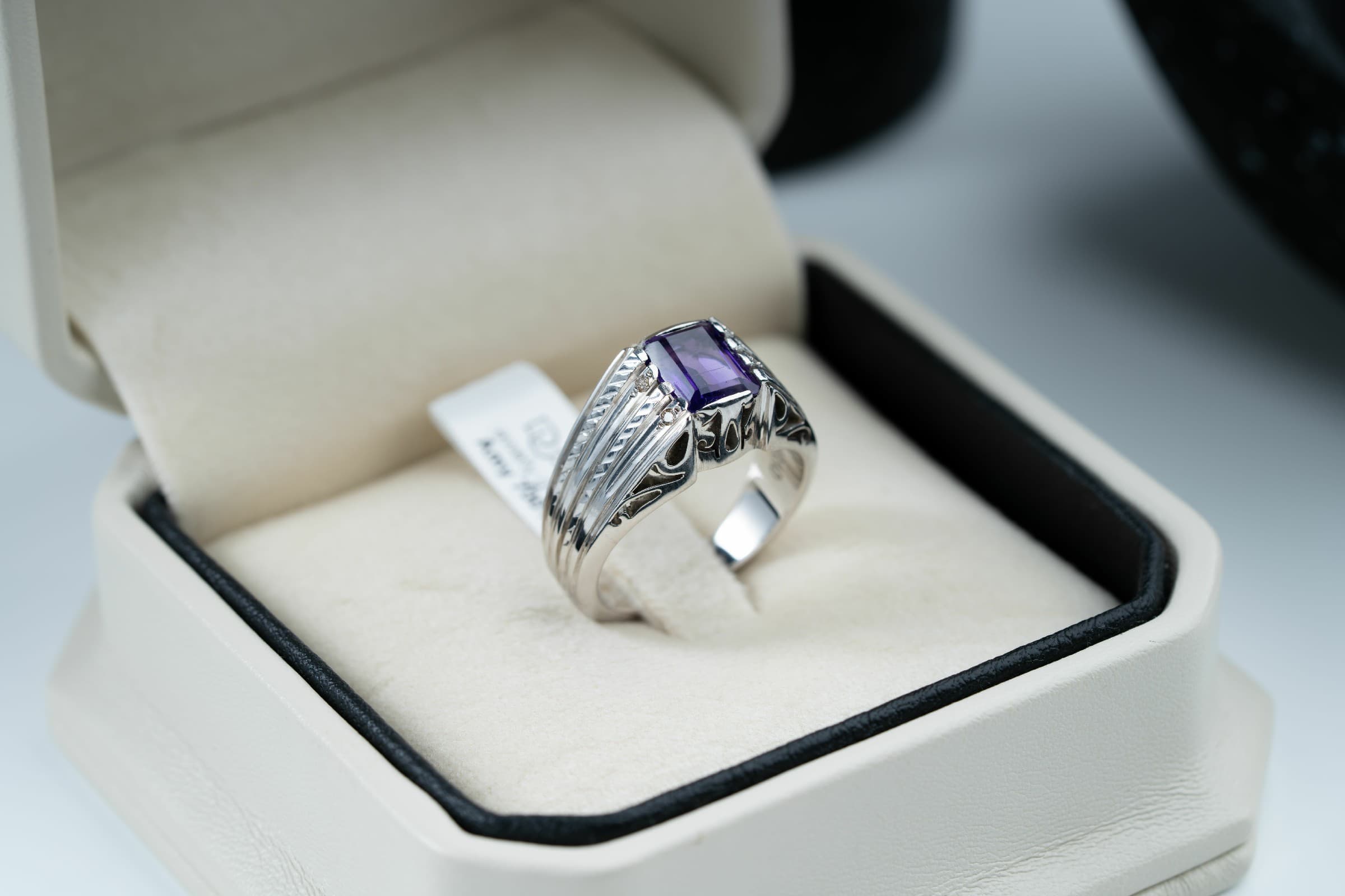 خاتم فضة بصياغة يدوية بالكامل مع حجر الجمشت وترصيع الالماس - تشكيلة الرجال, خواتم رجالية, جمشت